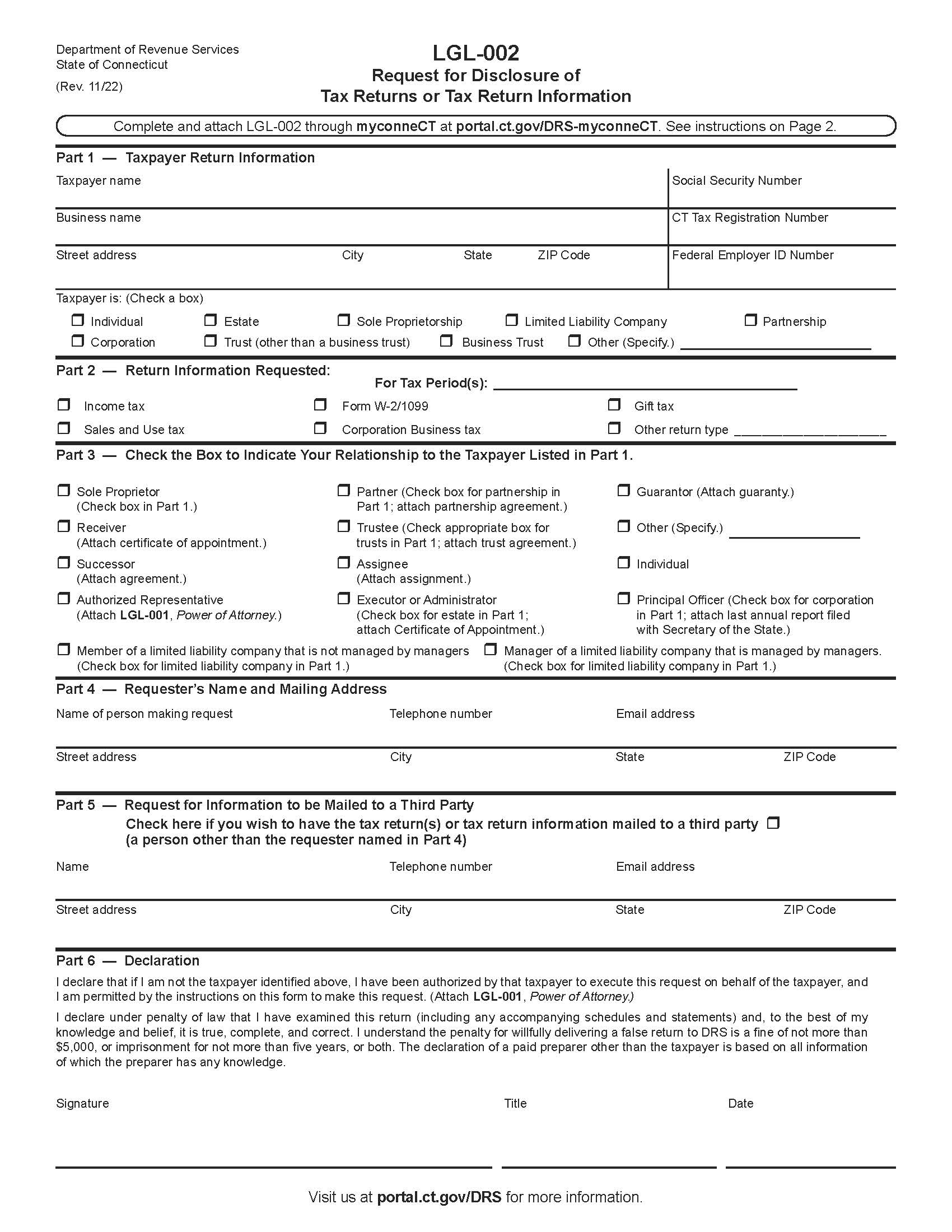 Request For Disclosure Of Tax Return Or Tax Return Information {LGL-002} | Pdf Fpdf Docx | Connecticut