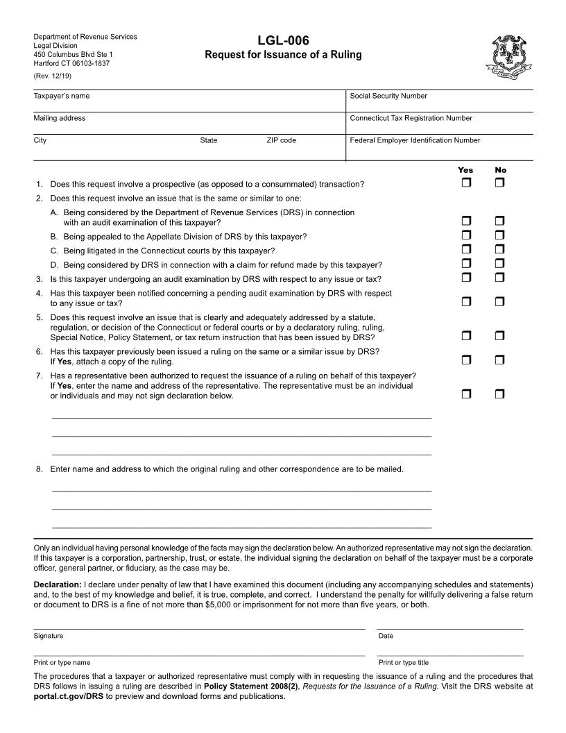 Request For Issuance Of A Ruling {LGL-006} | Pdf Fpdf Doc Docx | Connecticut