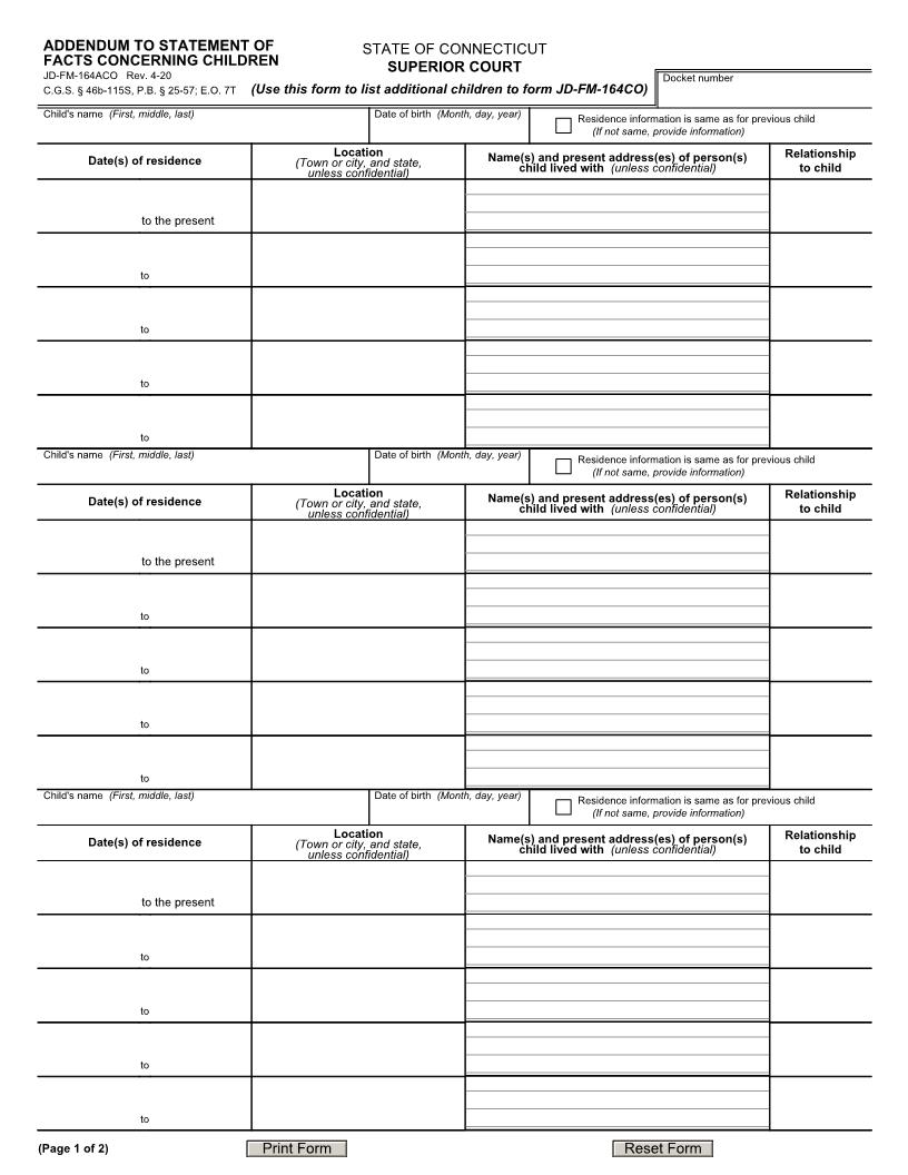 Addendum To Statement Of Facts Concerning Children {JD-FM-164ACO} | Pdf Fpdf Docx | Connecticut