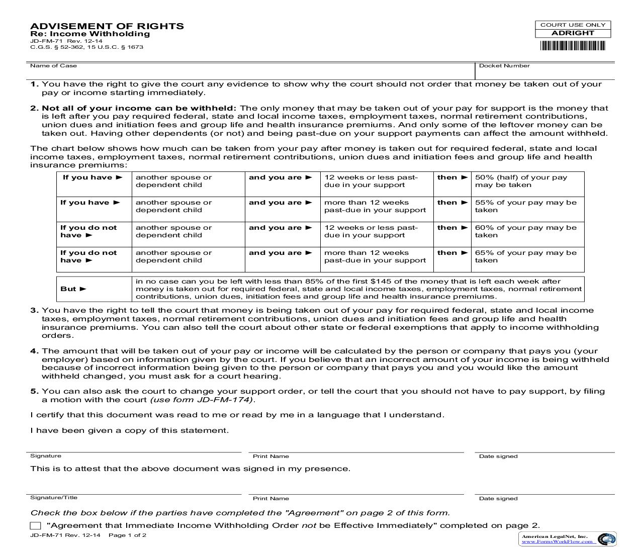 Advisement Of Rights Re Income Withholding {JD-FM-71} | Pdf Fpdf Doc Docx | Connecticut
