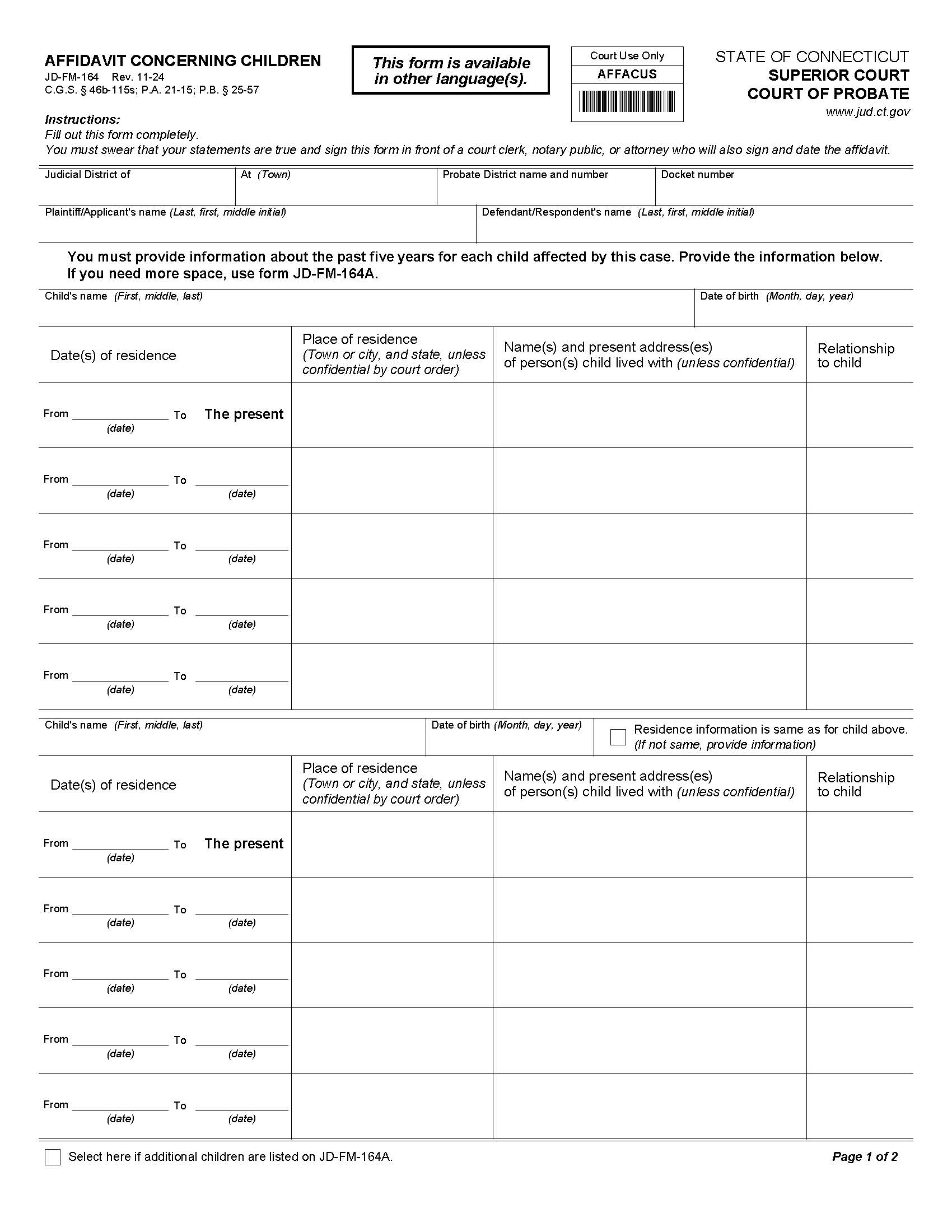 Affidavit Concerning Children {JD-FM-164} | Pdf Fpdf Doc Docx | Connecticut