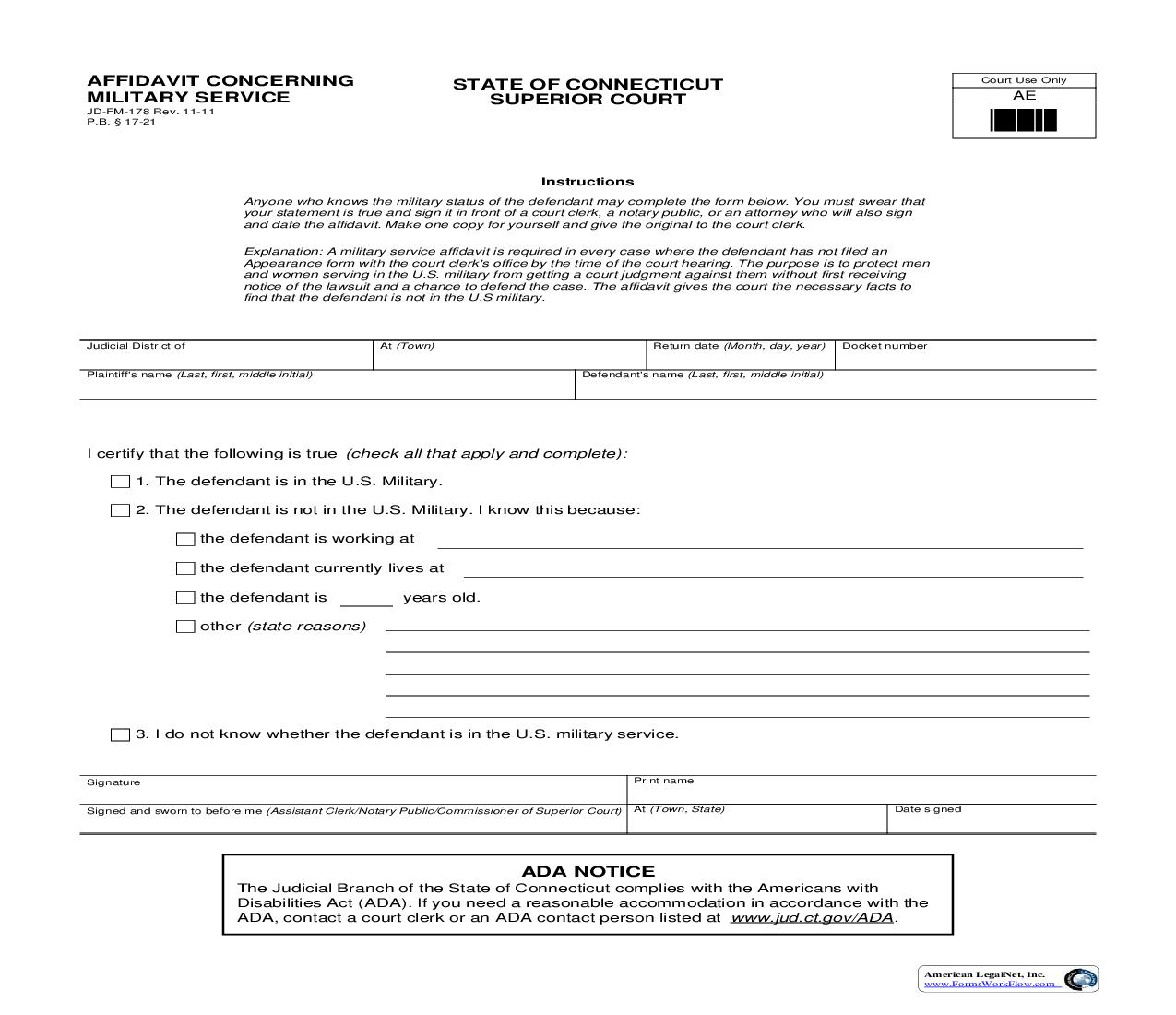 Affidavit Concerning Military Service {JD-FM-178} | Pdf Fpdf Doc Docx | Connecticut