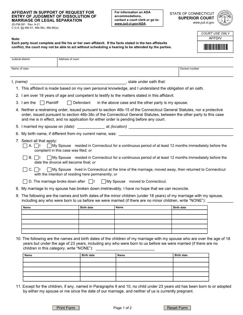Affidavit In Support Of  Request For Entry Of Judgment Of Dissolution {JD-FM-281} | Pdf Fpdf Docx | Connecticut