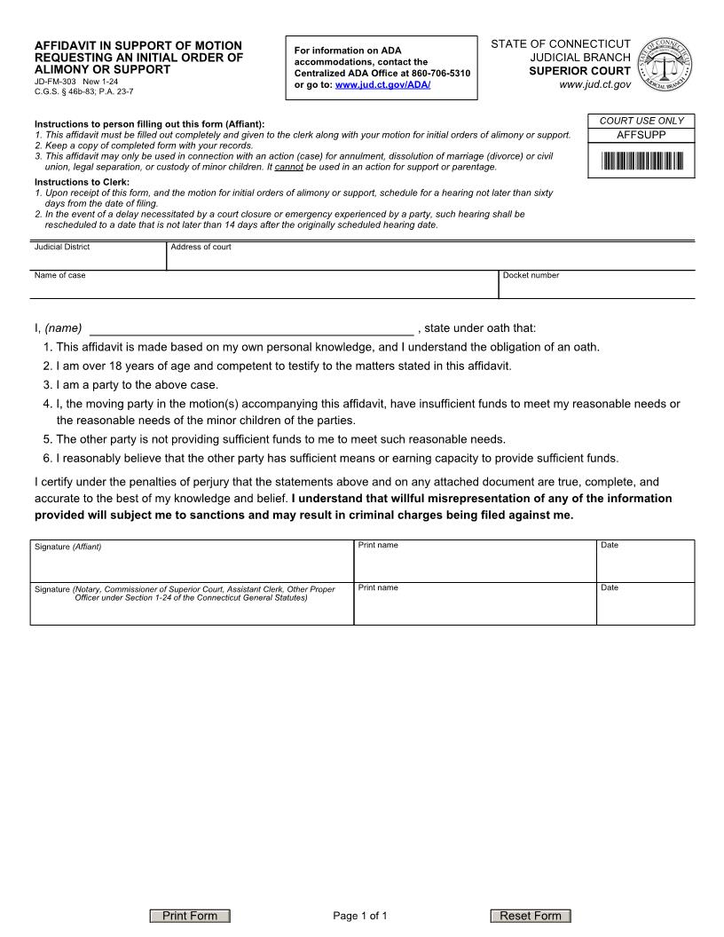 Affidavit In Support Of Motion Requesting An Initial Order Of Alimony Or Support {JD-FM-303} | Pdf Fpdf Docx | Connecticut