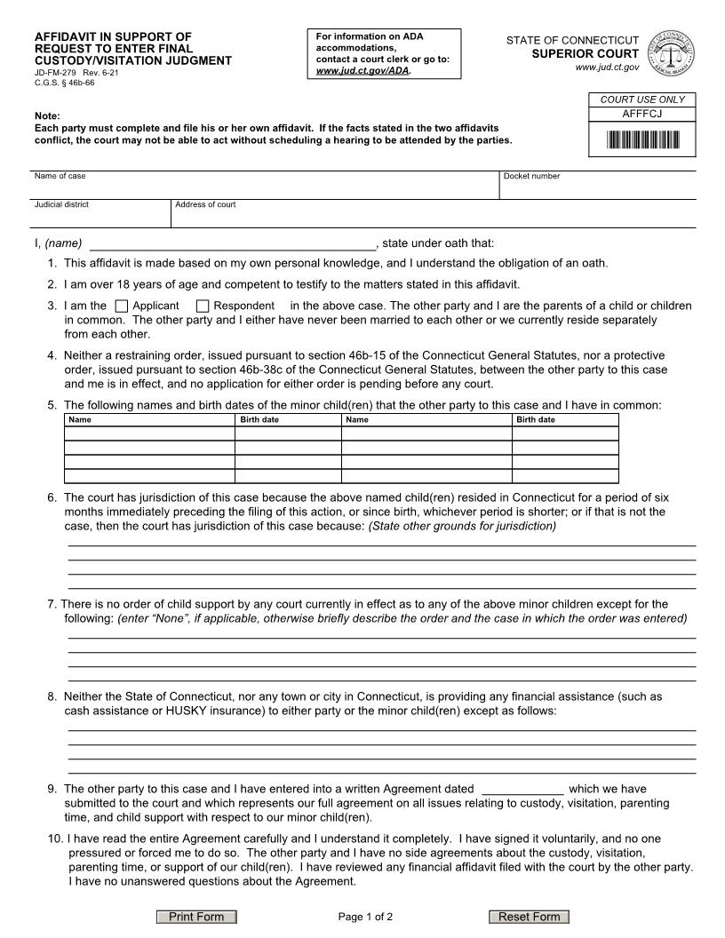 Affidavit In Support Of Request To Enter Final Custody Or Visitation Judgment {JD-FM-279} | Pdf Fpdf Docx | Connecticut