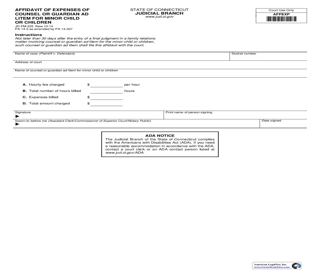 Affidavit Of Expenses Of Counsel Or Guardian Ad Litem {JD-FM-225} | Pdf Fpdf Doc Docx | Connecticut