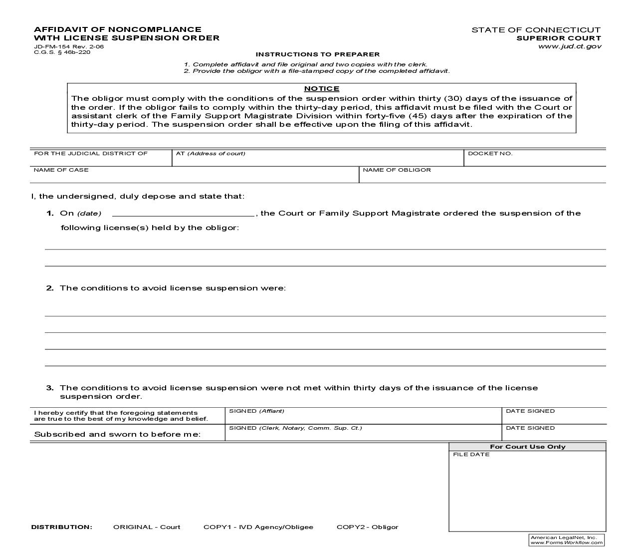 Affidavit Of NonCompliance With License Suspension Order {JD-FM-154} | Pdf Fpdf Doc Docx | Connecticut