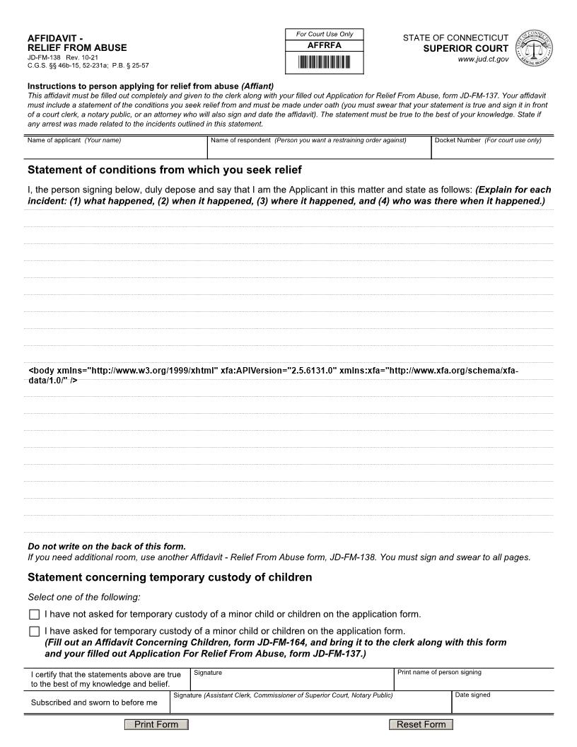 Affidavit Relief From Abuse {JD-FM-138} | Pdf Fpdf Docx | Connecticut