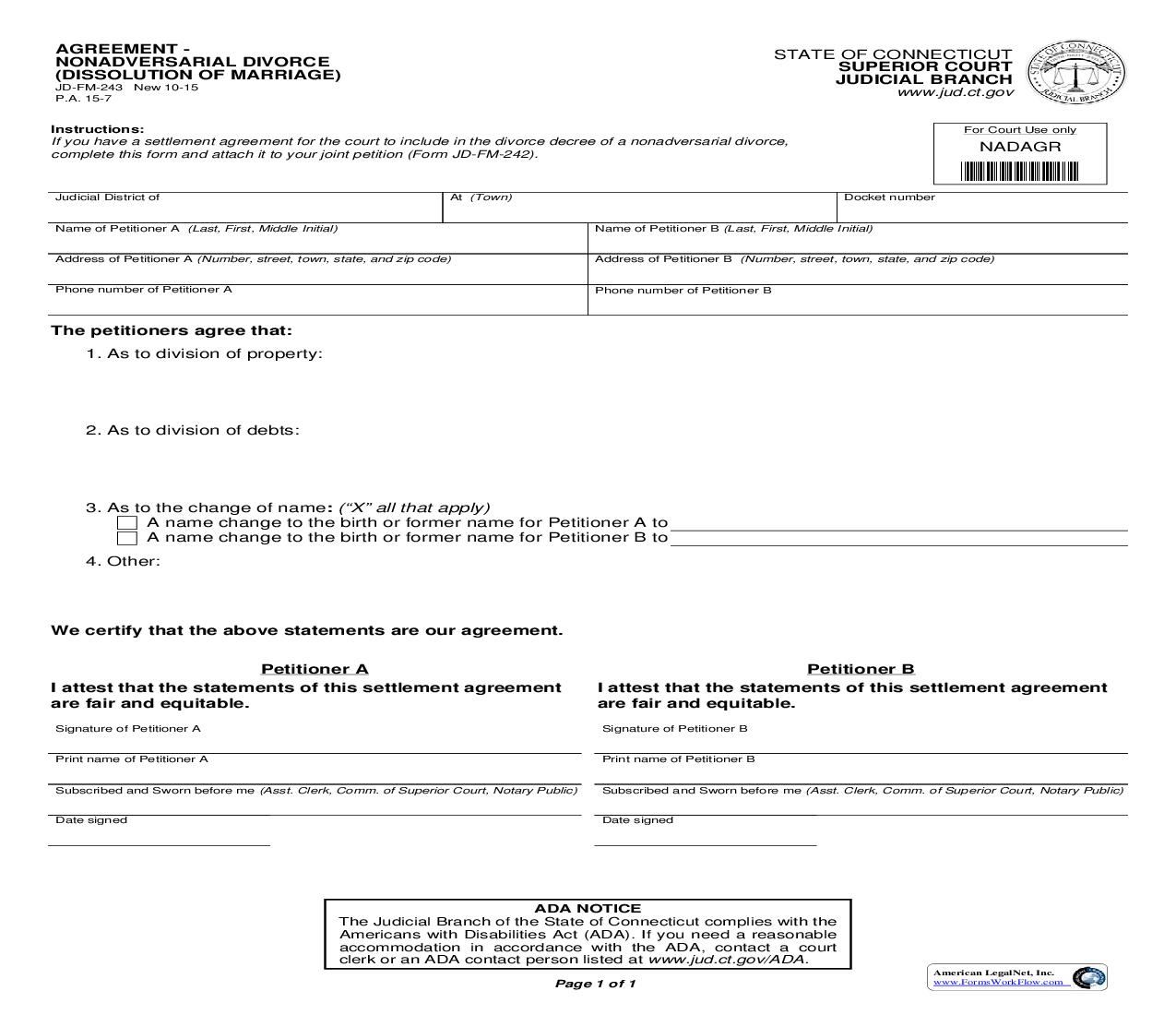 Agreement Nonadverarial Divorce (Dissolution Of Marriage) {JD-FM-243} | Pdf Fpdf Doc Docx | Connecticut