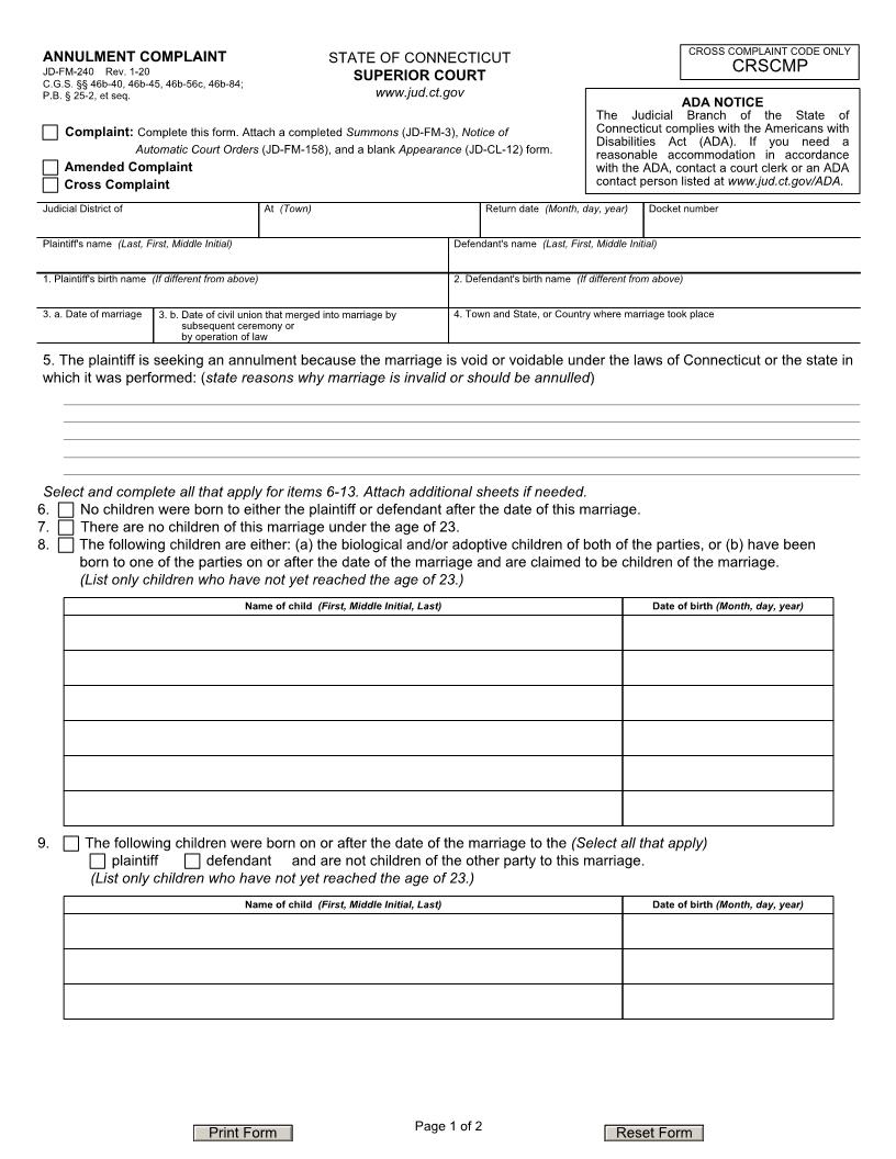 Annulment Complaint {JD-FM-240} | Pdf Fpdf Docx | Connecticut