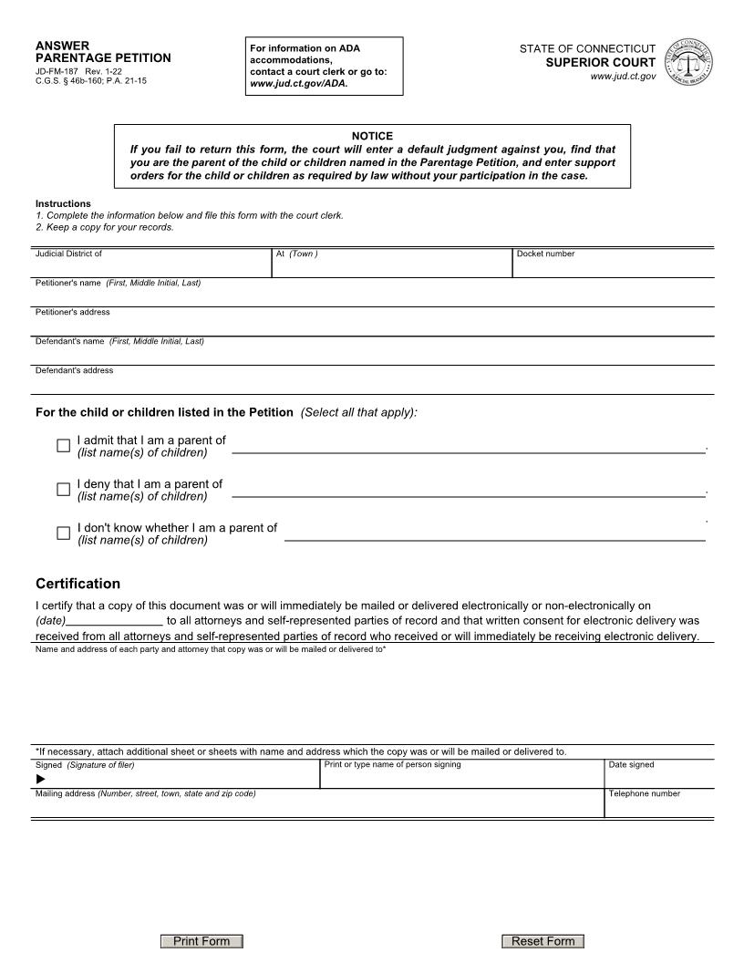 Answer Paternity Petition {JD-FM-187} | Pdf Fpdf Doc Docx | Connecticut