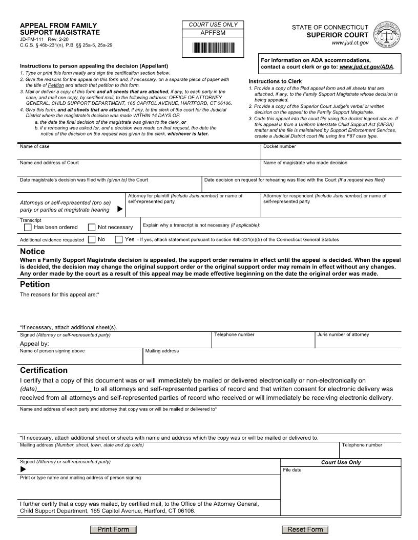 Appeal From Family Support Magistrate {JD-FM-111} | Pdf Fpdf Doc Docx | Connecticut