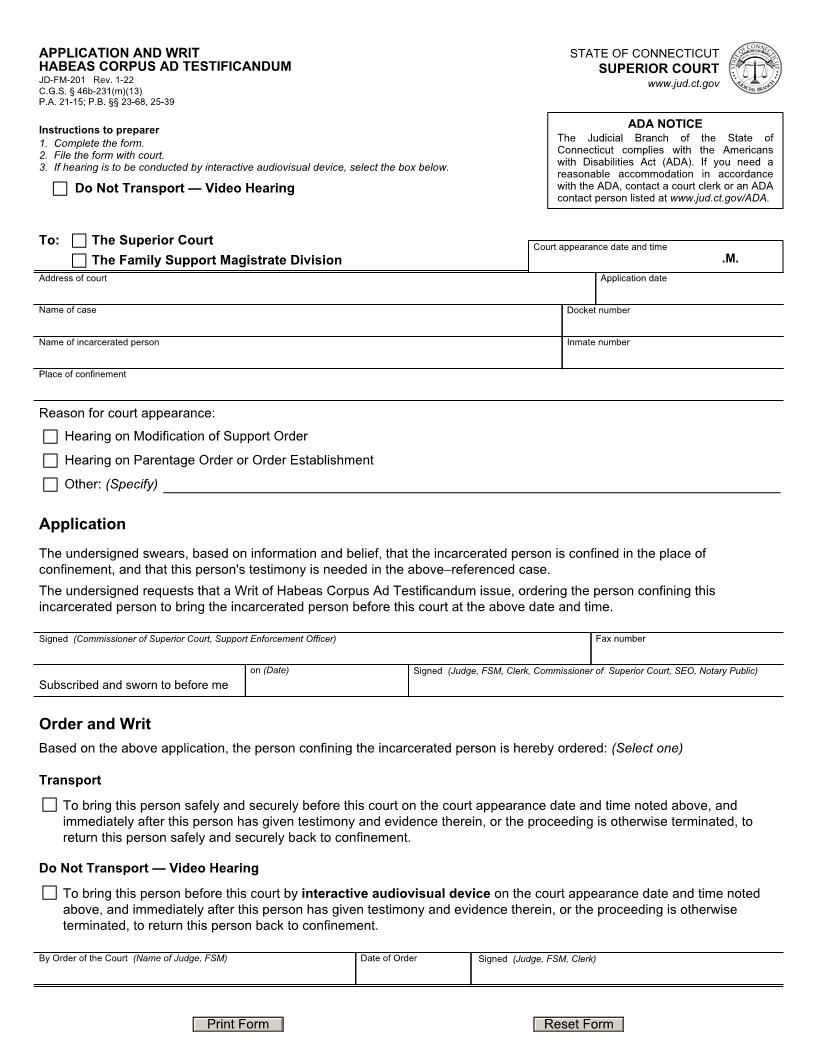Application And Writ Habeas Corpus Ad Testificandum {JD-FM-201} | Pdf Fpdf Doc Docx | Connecticut