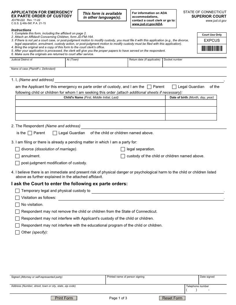 Application For Emergency Ex Parte Order Of Custody {JD-FM-222} | Pdf Fpdf Doc Docx | Connecticut