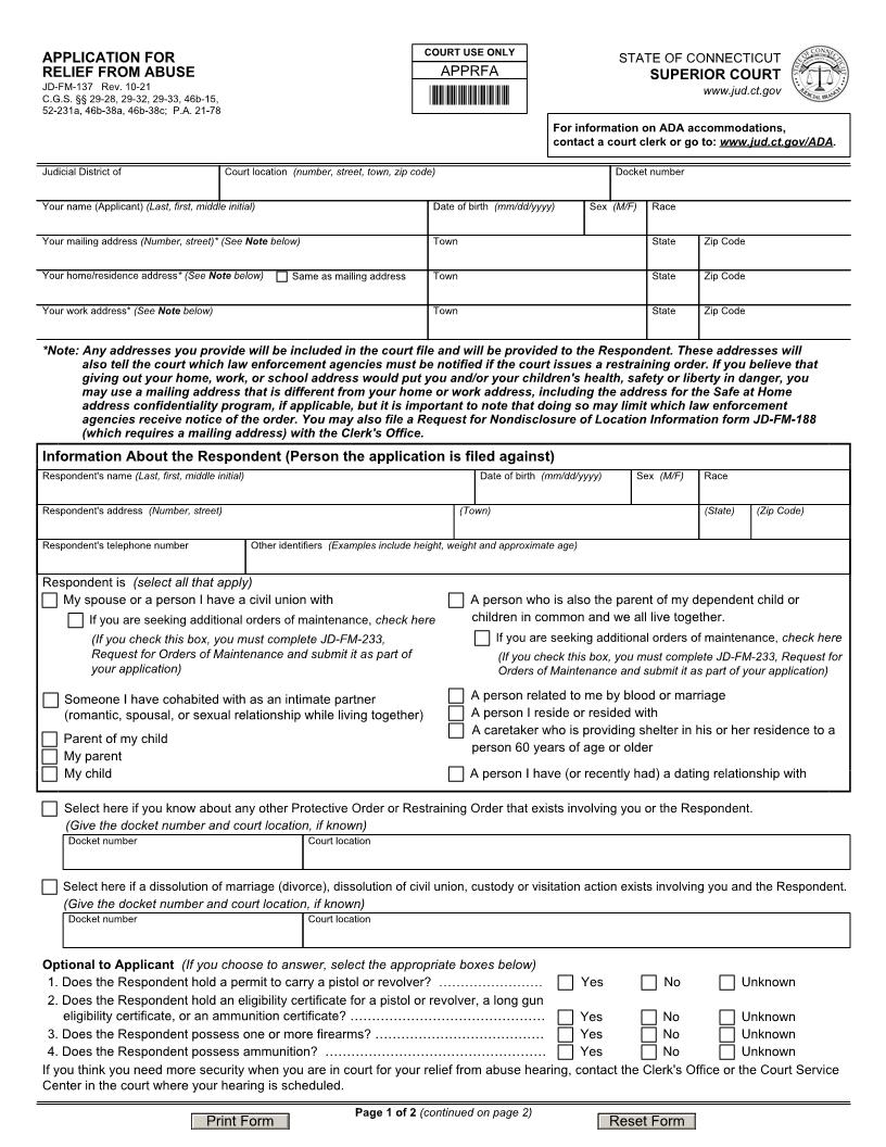 Application For Relief From Abuse {JD-FM-137} | Pdf Fpdf Docx | Connecticut