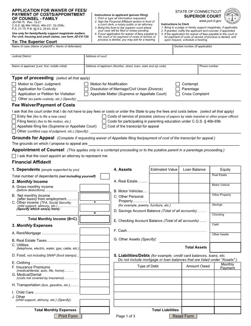 Application For Waiver Of Fees Or Appointment Of Counsel {JD-FM-75} | Pdf Fpdf Docx | Connecticut