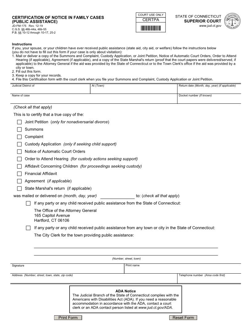 Certification Of Notice In Family Cases (Public Assistance) {JD-FM-175} | Pdf Fpdf Doc Docx | Connecticut
