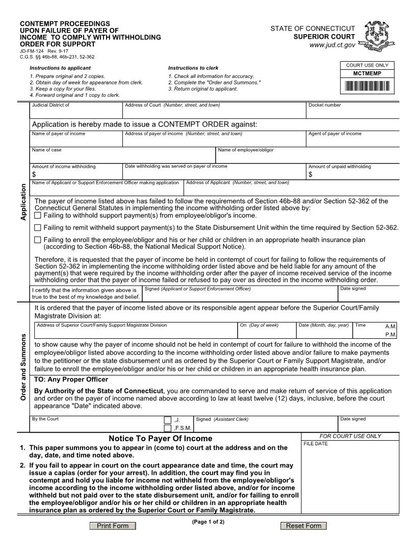 Contempt Proceedings Upon Failure Of Payer Of Income To Comply With Withholding Order For Support {JD-FM-124} | Pdf Fpdf Doc Docx | Connecticut