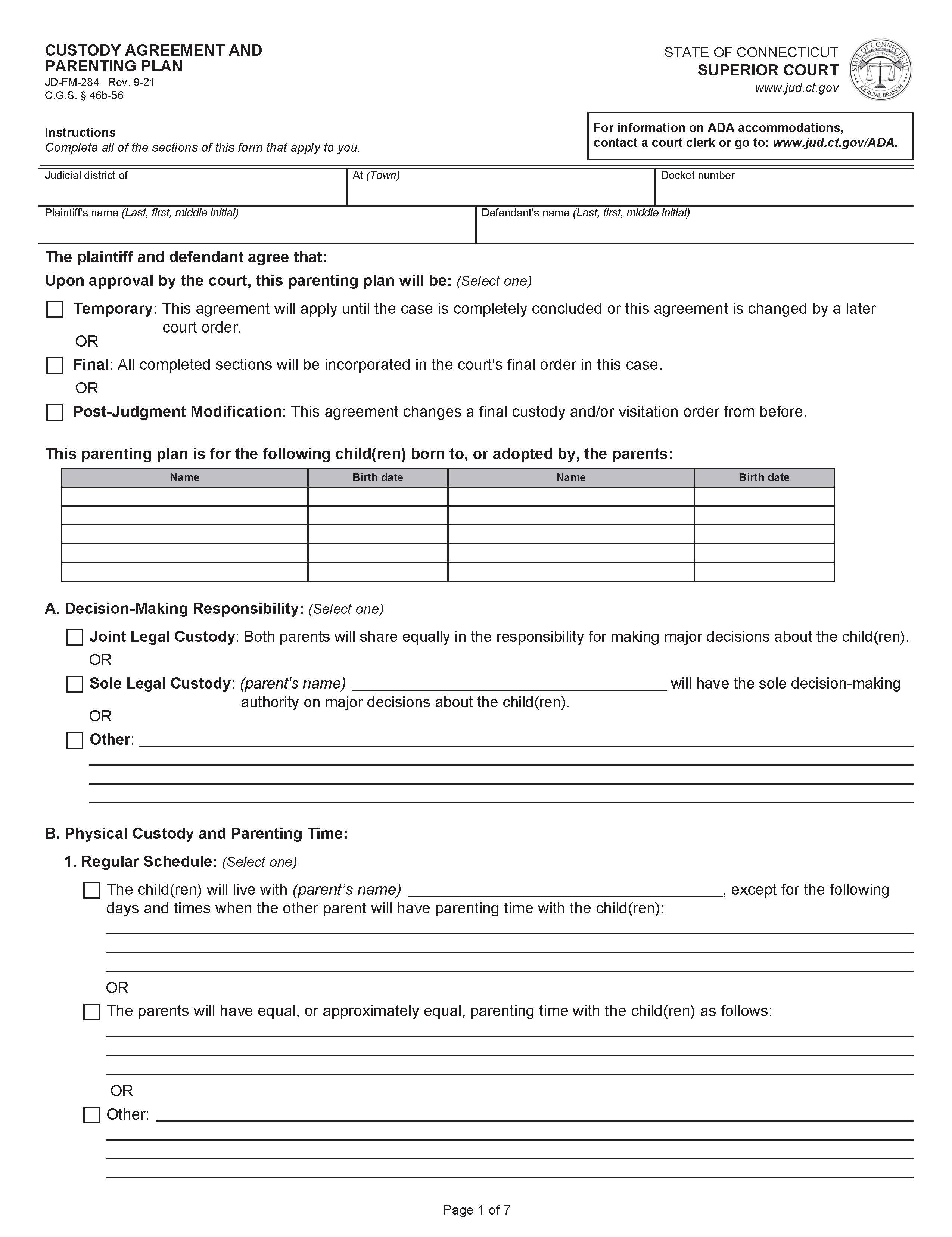 Custody Agreement And Parenting Plan {JD-FM-284} | Pdf Fpdf Docx | Connecticut