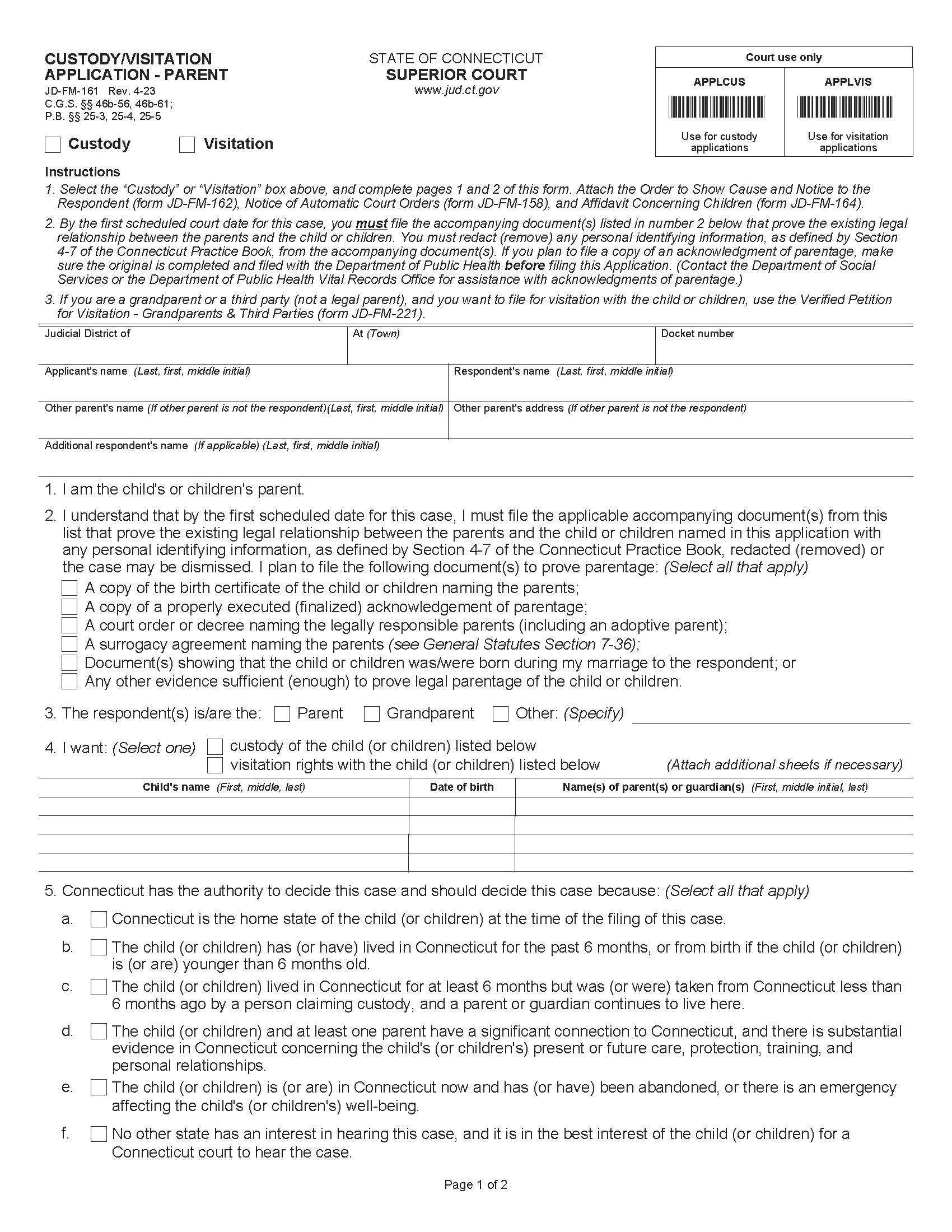 Custody Visitation Application {JD-FM-161} | Pdf Fpdf Docx | Connecticut
