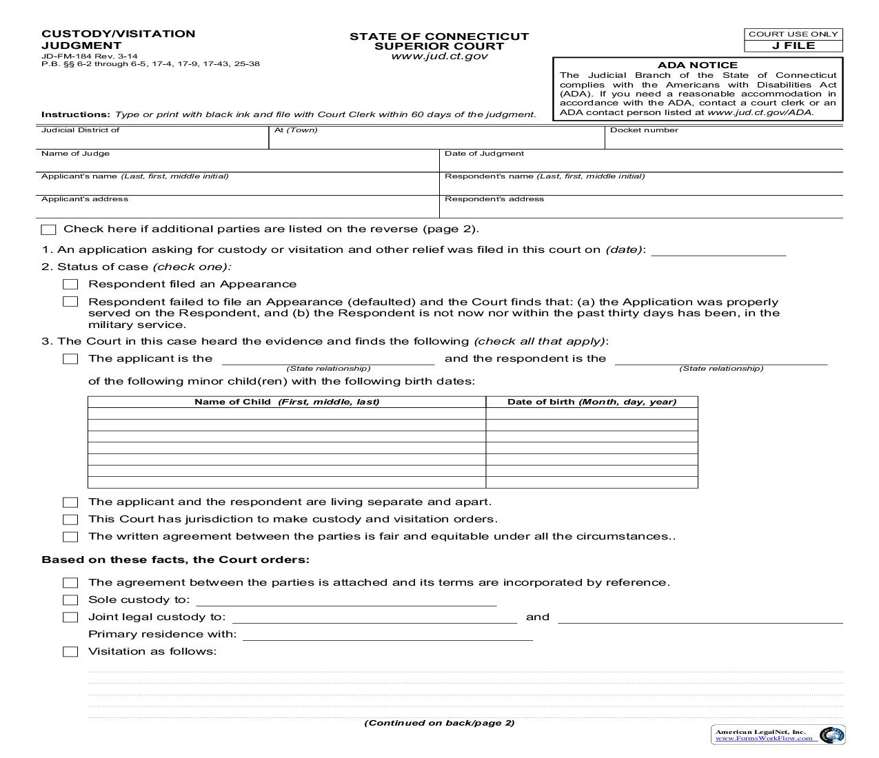 Custody Visitation Judgment {JD-FM-184} | Pdf Fpdf Doc Docx | Connecticut
