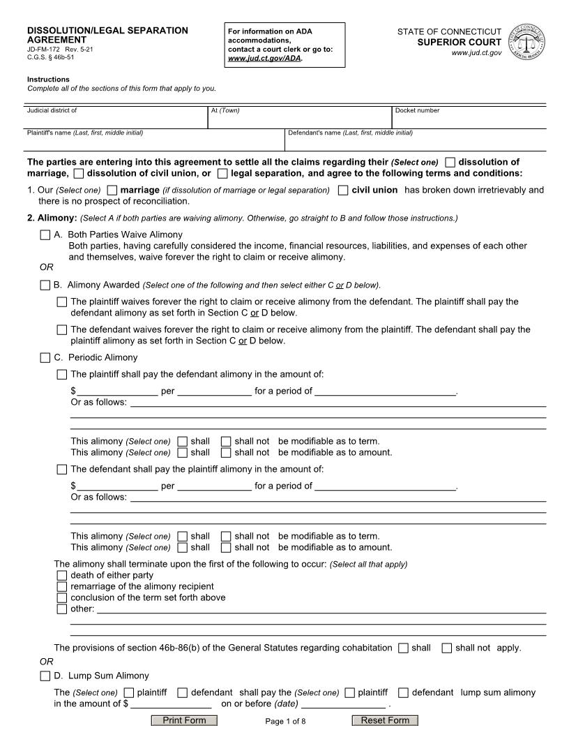 Dissolution Agreement {JD-FM-172} | Pdf Fpdf Doc Docx | Connecticut