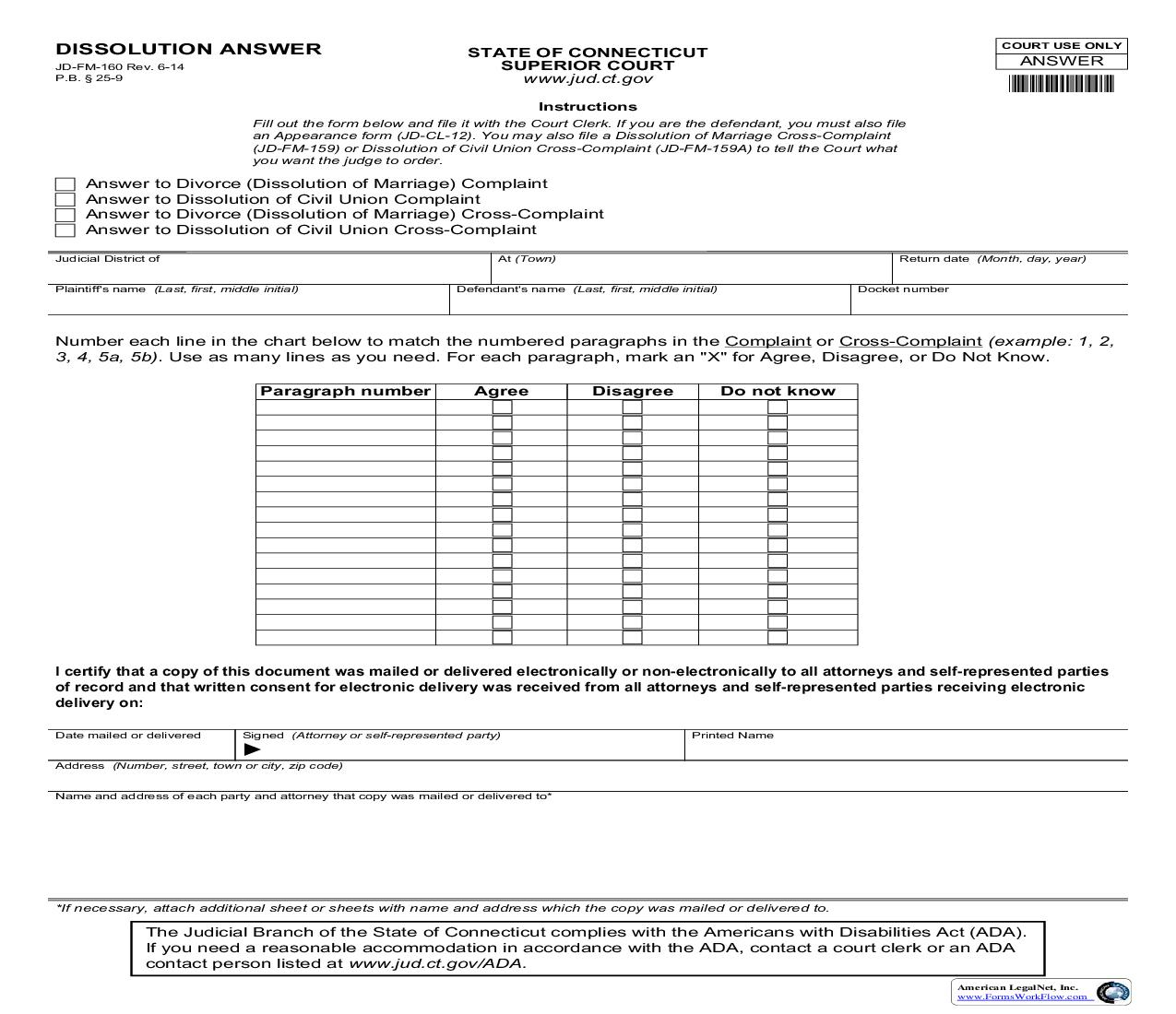 Dissolution Answer {JD-FM-160} | Pdf Fpdf Doc Docx | Connecticut