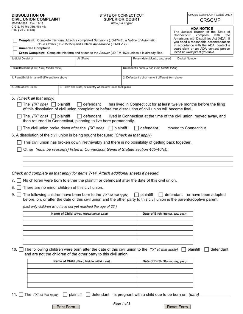 Dissolution Of Civil Union Complaint {JD-FM-159A} | Pdf Fpdf Docx | Connecticut
