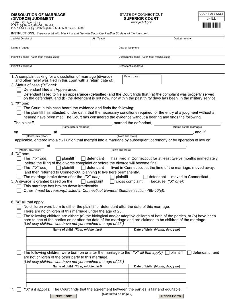 Dissolution Of Marriage (Divorce) Judgment {JD-FM-177} | Pdf Fpdf Docx | Connecticut