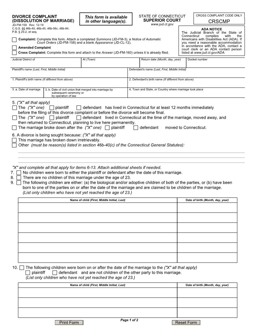 Divorce Complaint (Dissolution of Marriage) {JD-FM-159} | Pdf Fpdf Docx | Connecticut