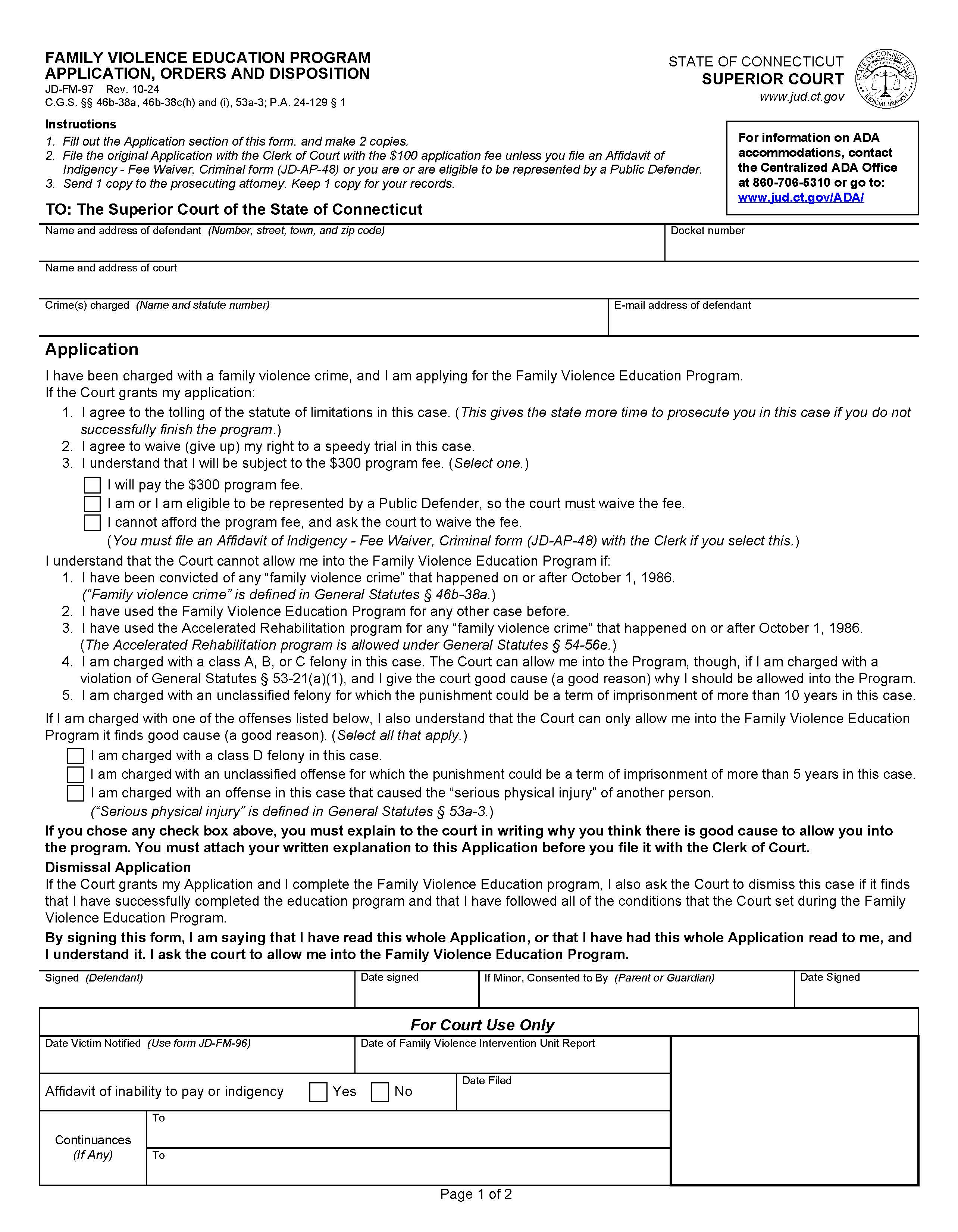 Family Violence Education Program Application Orders And Disposition {JD-FM-97} | Pdf Fpdf Doc Docx | Connecticut