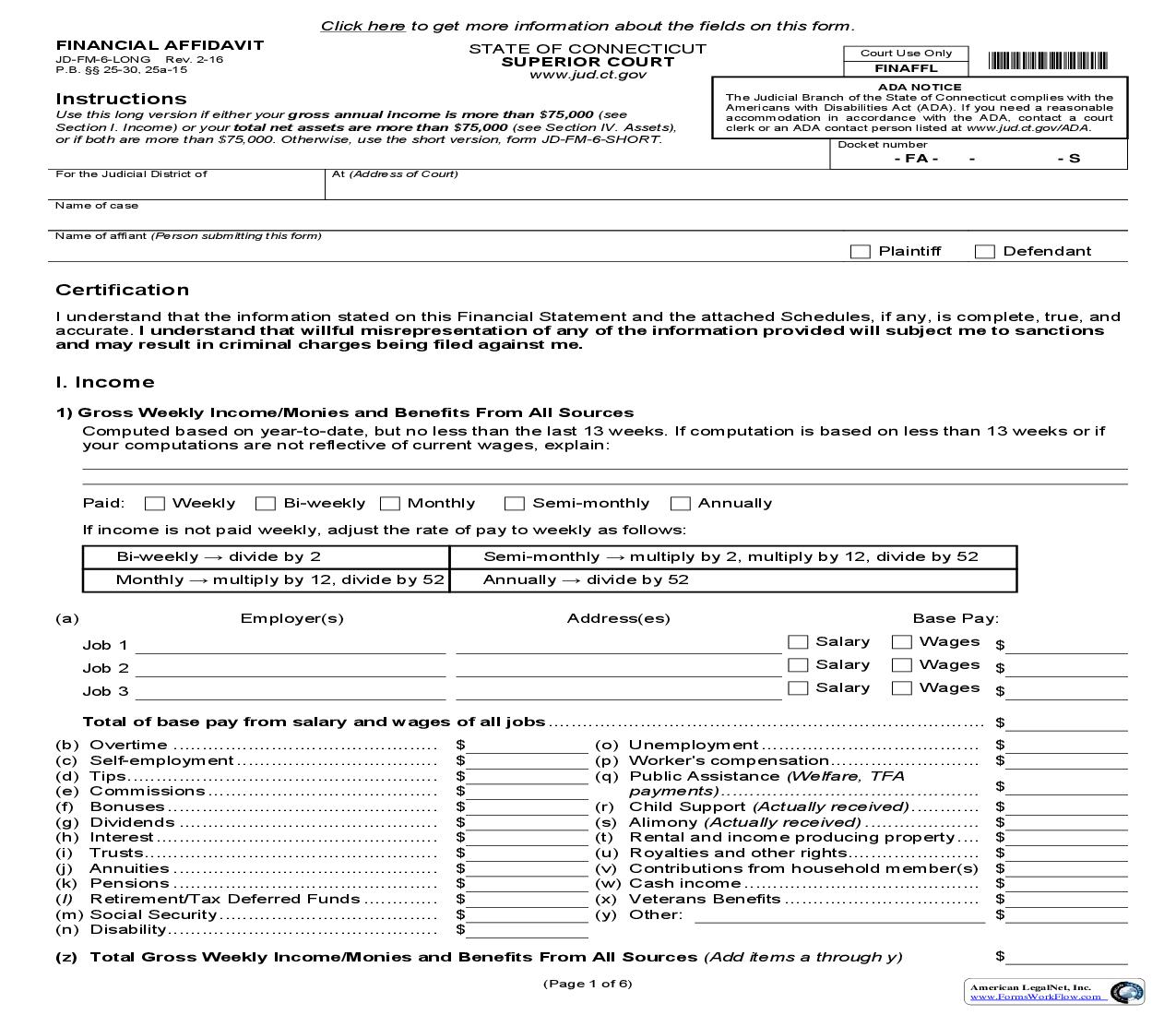 Financial Affidavit (Long) {JD-FM-6} | Pdf Fpdf Doc Docx | Connecticut