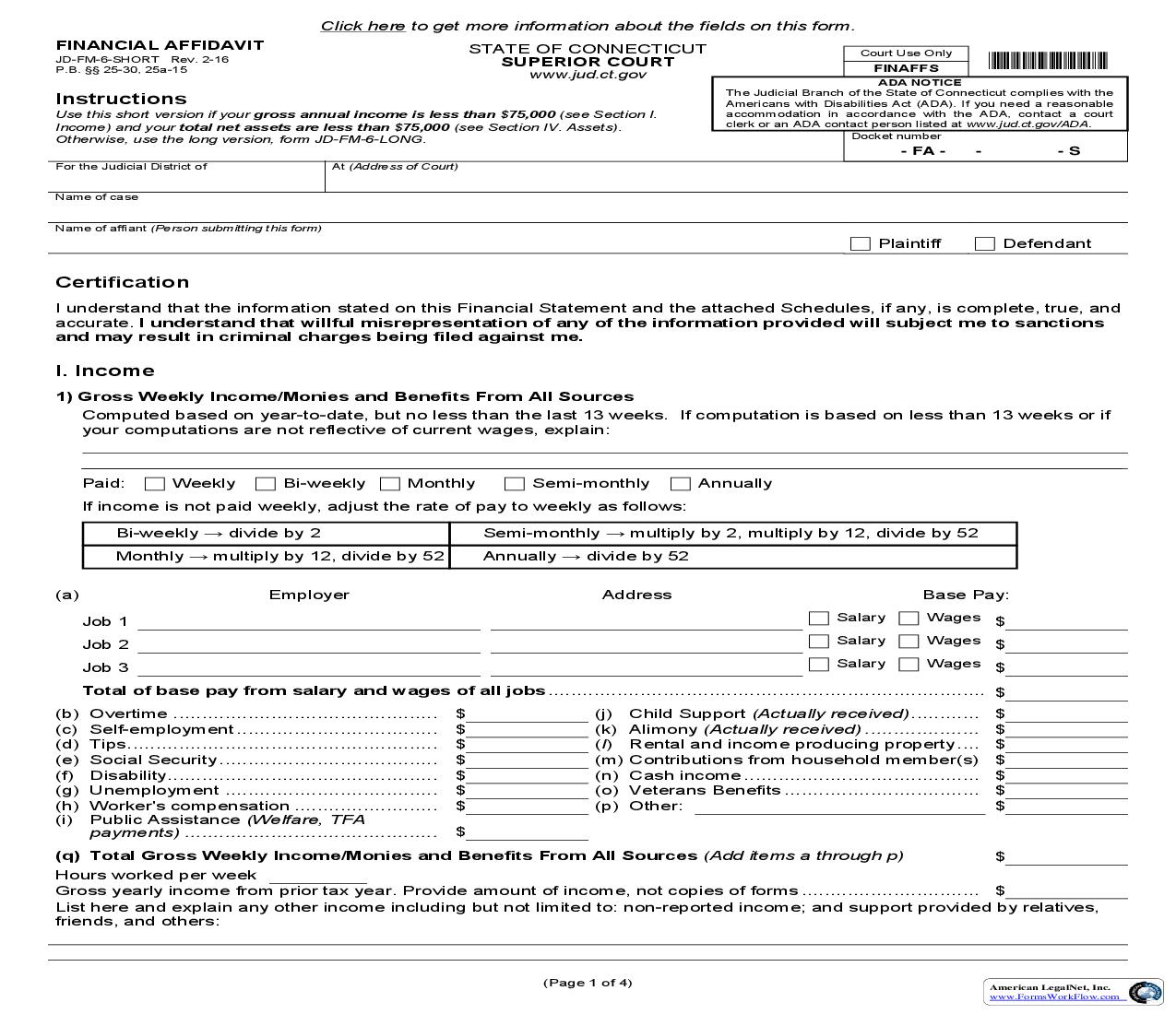 Financial Affidavit (Short) {JD-FM-6} | Pdf Fpdf Doc Docx | Connecticut