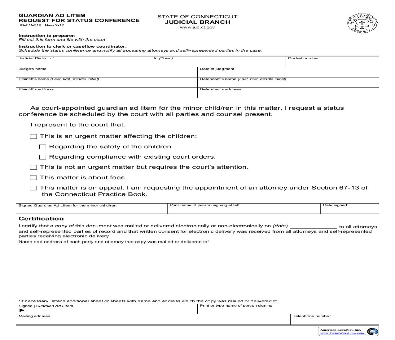 Guardian Ad Litem Request For Status Conference {JD-FM-219} | Pdf Fpdf Doc Docx | Connecticut