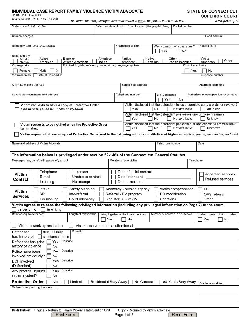 Individual Case Report Family Violence Victim Advocate {JD-FM-102} | Pdf Fpdf Docx | Connecticut