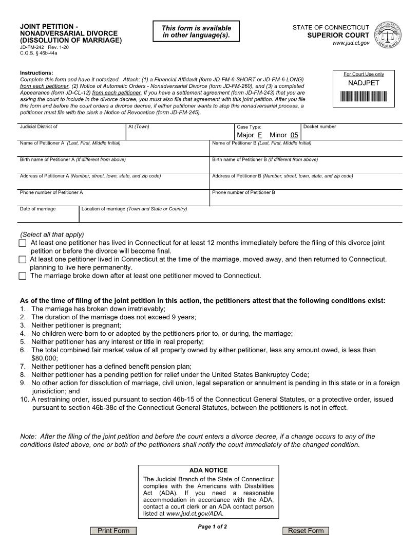Joint Petition Nonadversarial Divorce (Dissolution Of Marriage) {JD-FM-242} | Pdf Fpdf Docx | Connecticut
