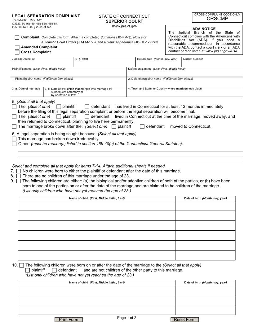 Legal Separation Complaint {JD-FM-237} | Pdf Fpdf Docx | Connecticut