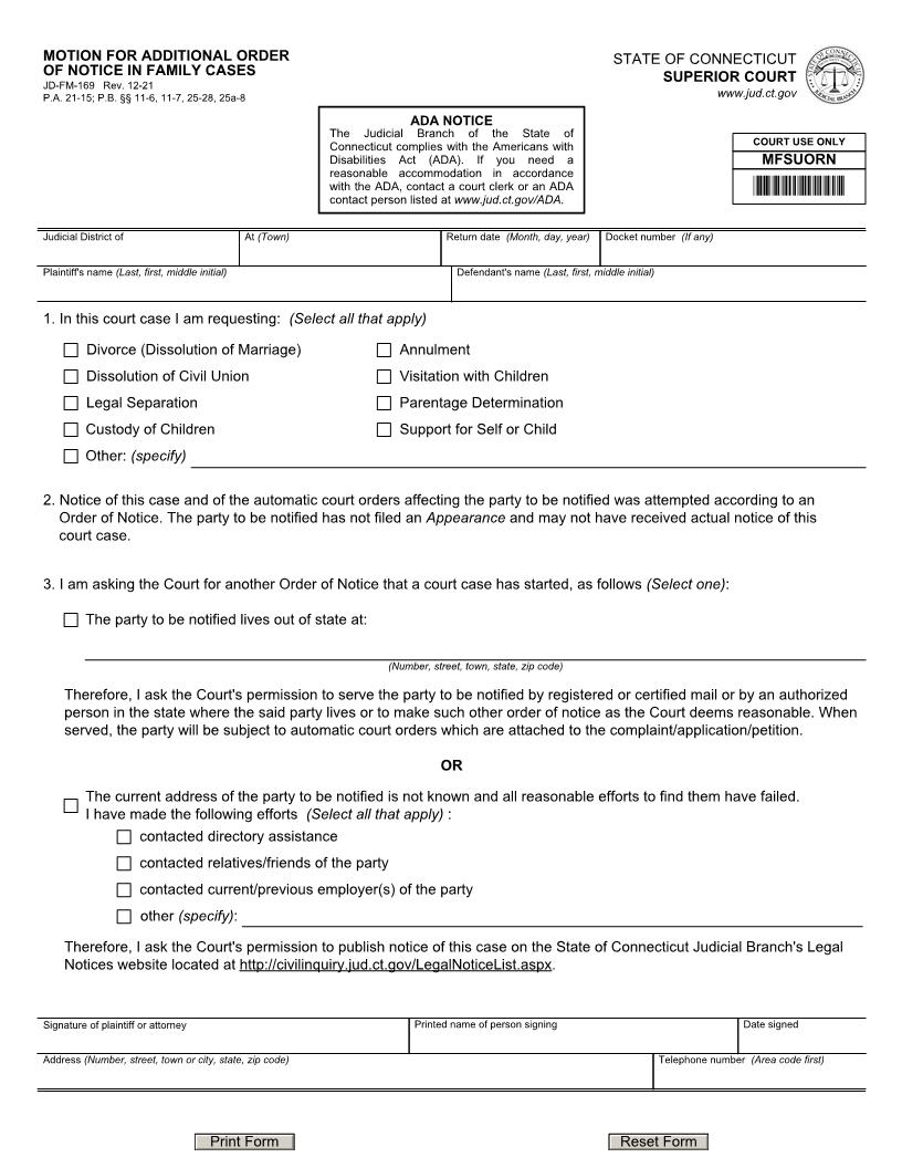 Motion For Additional Order Of Notice In Family Cases {JD-FM-169} | Pdf Fpdf Doc Docx | Connecticut