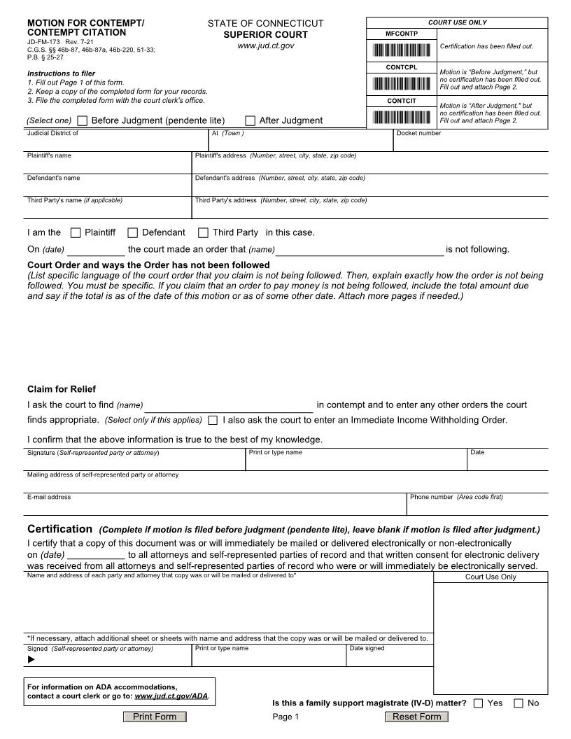 Motion For Contempt {JD-FM-173} | Pdf Fpdf Doc Docx | Connecticut