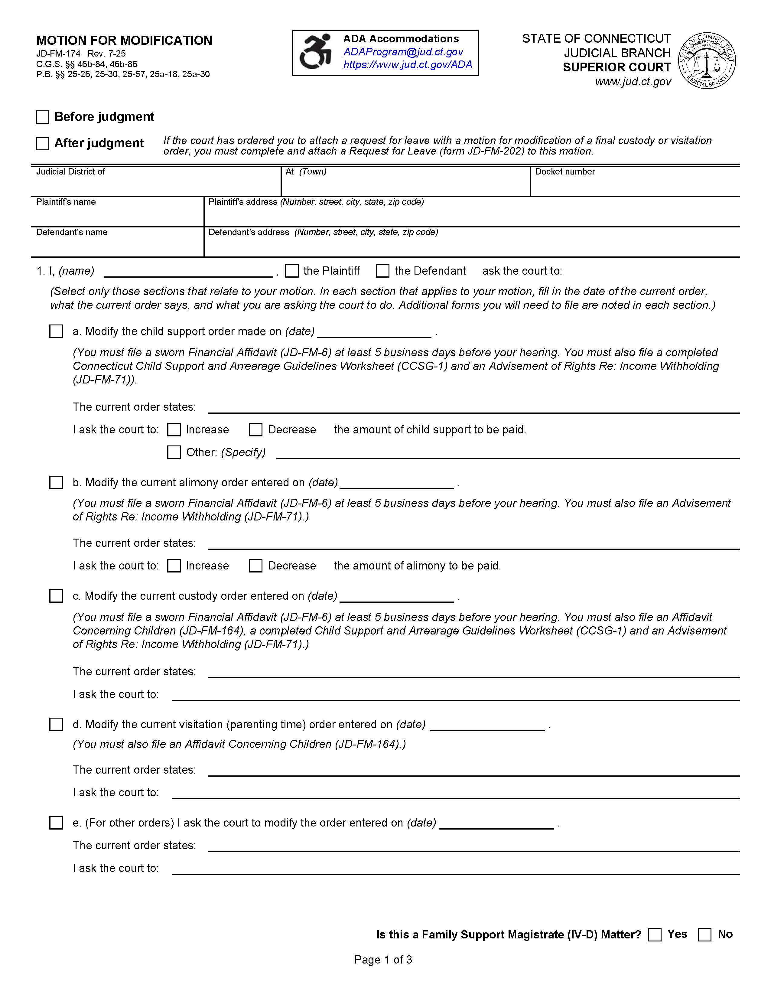 Motion For Modification {JD-FM-174} | Pdf Fpdf Doc Docx | Connecticut