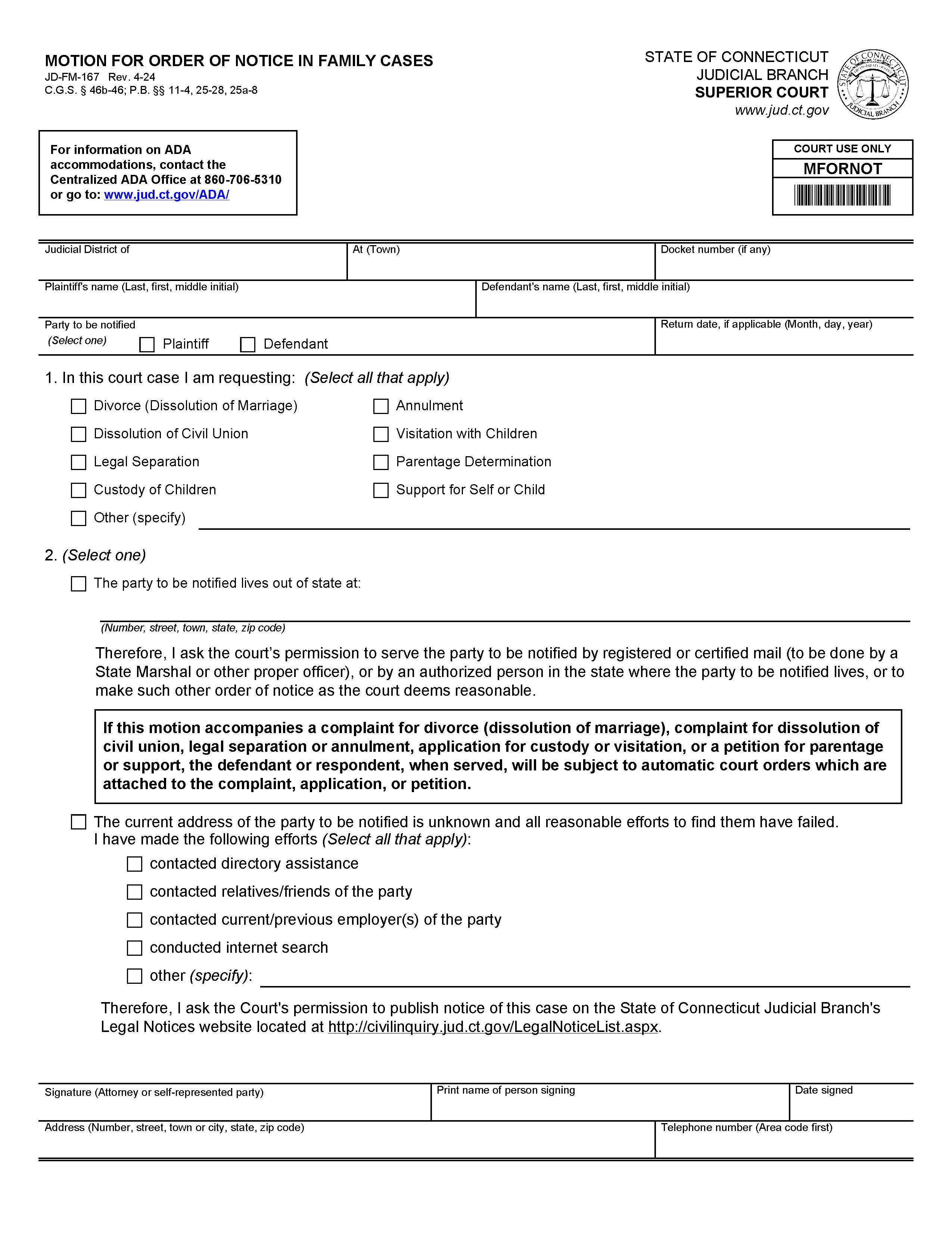 Motion For Notice By Publication Or Mail In Family Cases {JD-FM-167} | Pdf Fpdf Doc Docx | Connecticut