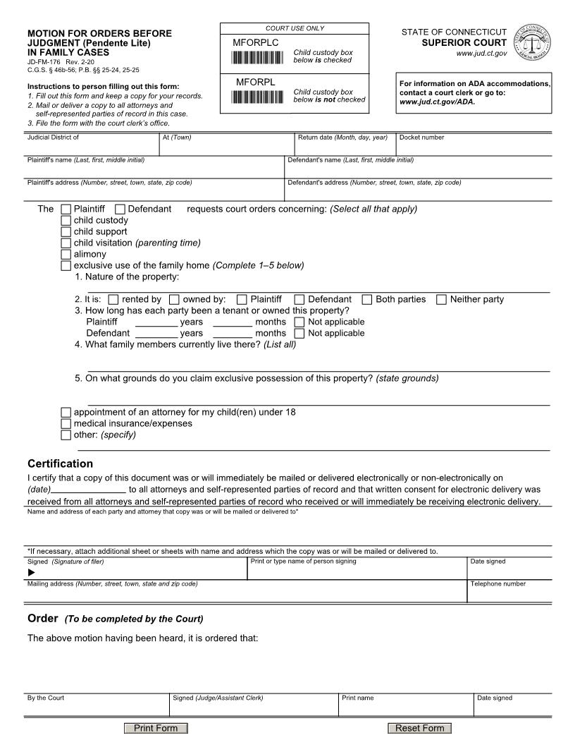 Motion For Orders Before Judgment (Pendente Lite) In Family Cases {JD-FM-176} | Pdf Fpdf Doc Docx | Connecticut