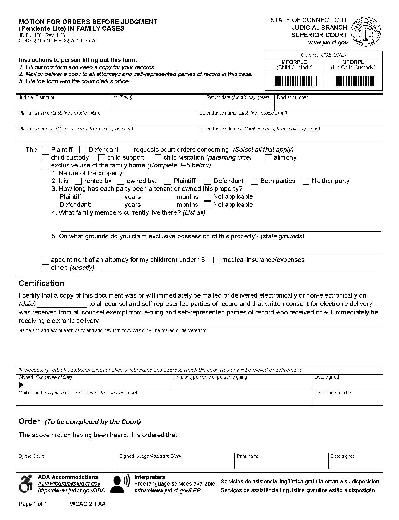 Motion For Orders Before Judgment (Pendente Lite) In Family Cases {JD-FM-176} | Pdf Fpdf Doc Docx | Connecticut