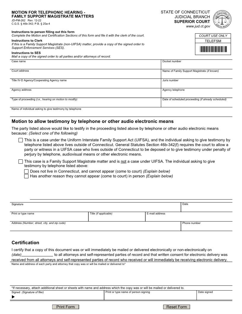 Motion For Telephonic Hearing Family Support Magistrate Matters {JD-FM-262} | Pdf Fpdf Docx | Connecticut