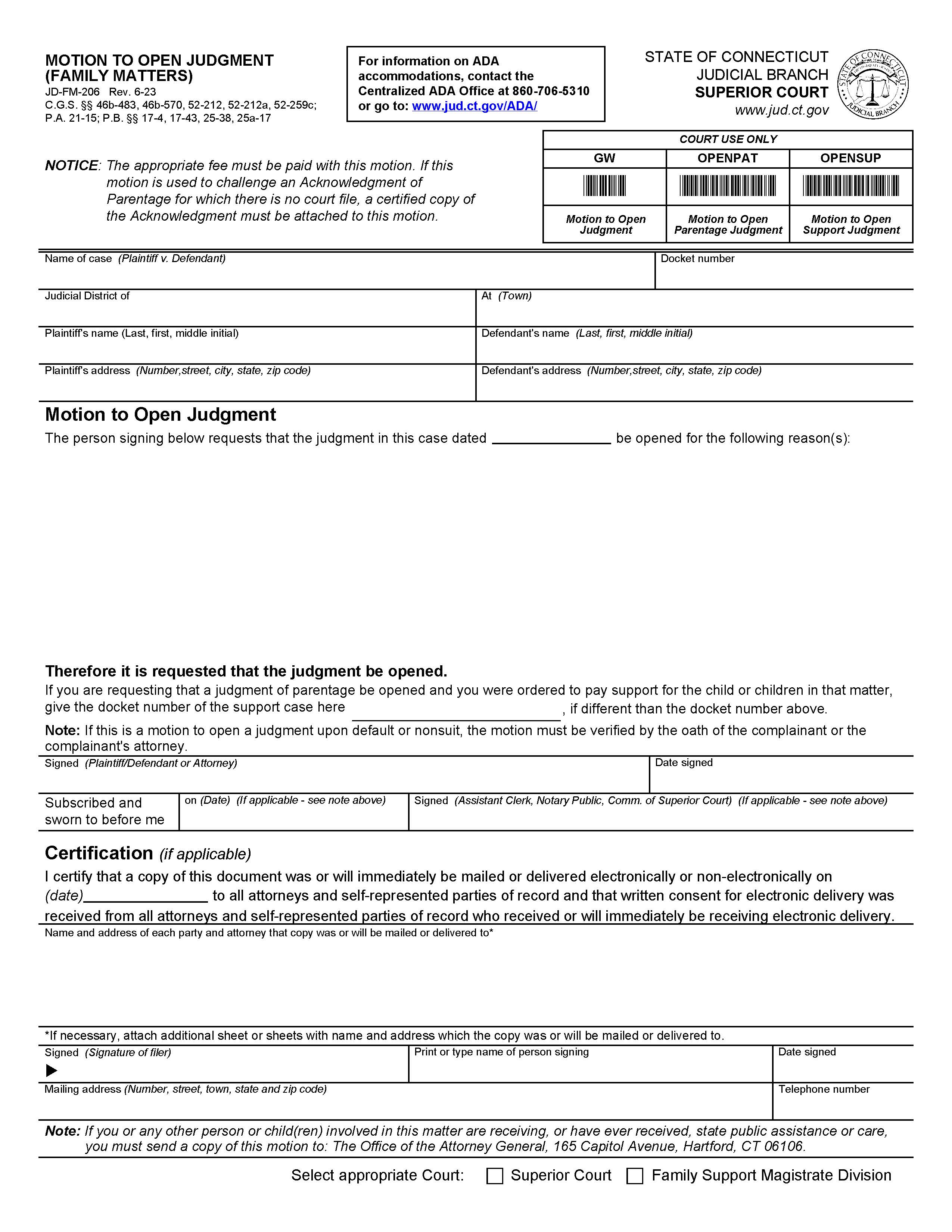 Motion To Open Judgment {JD-FM-206} | Pdf Fpdf Doc Docx | Connecticut