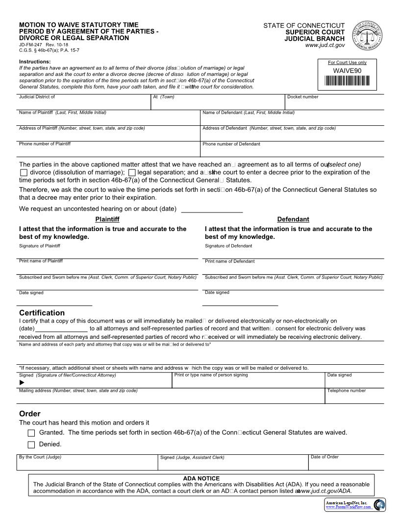 Motion To Waive Statutory Time Period Divorce Or Legal Separation {JD-FM-247} | Pdf Fpdf Docx | Connecticut