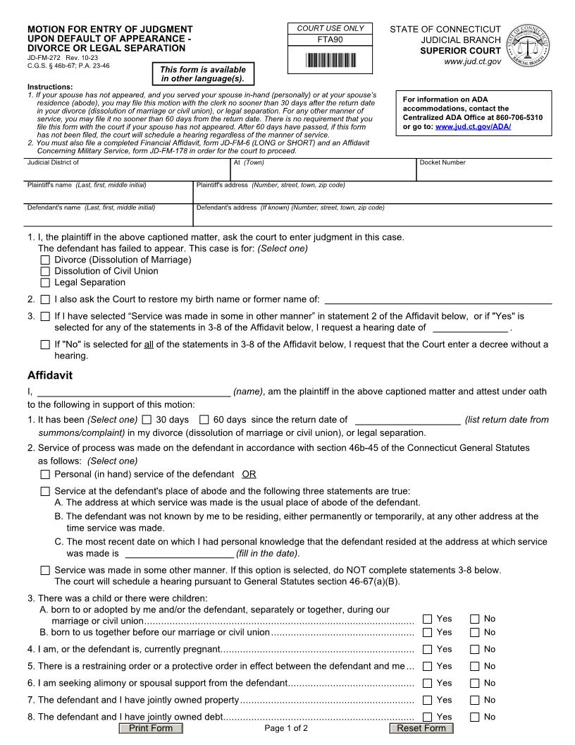 Motion To Waive Time Upon Failure To Appear (Divorce Or Legal Separation) {JD-FM-272} | Pdf Fpdf Docx | Connecticut
