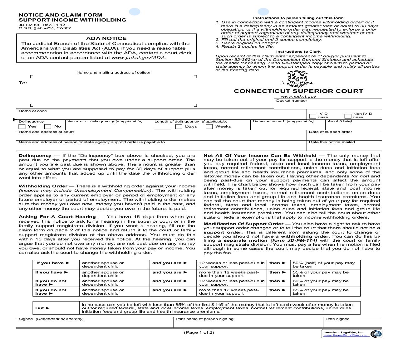 Notice And Claim Form Support Income Withholding {JD-FM-68} | Pdf Fpdf Doc Docx | Connecticut