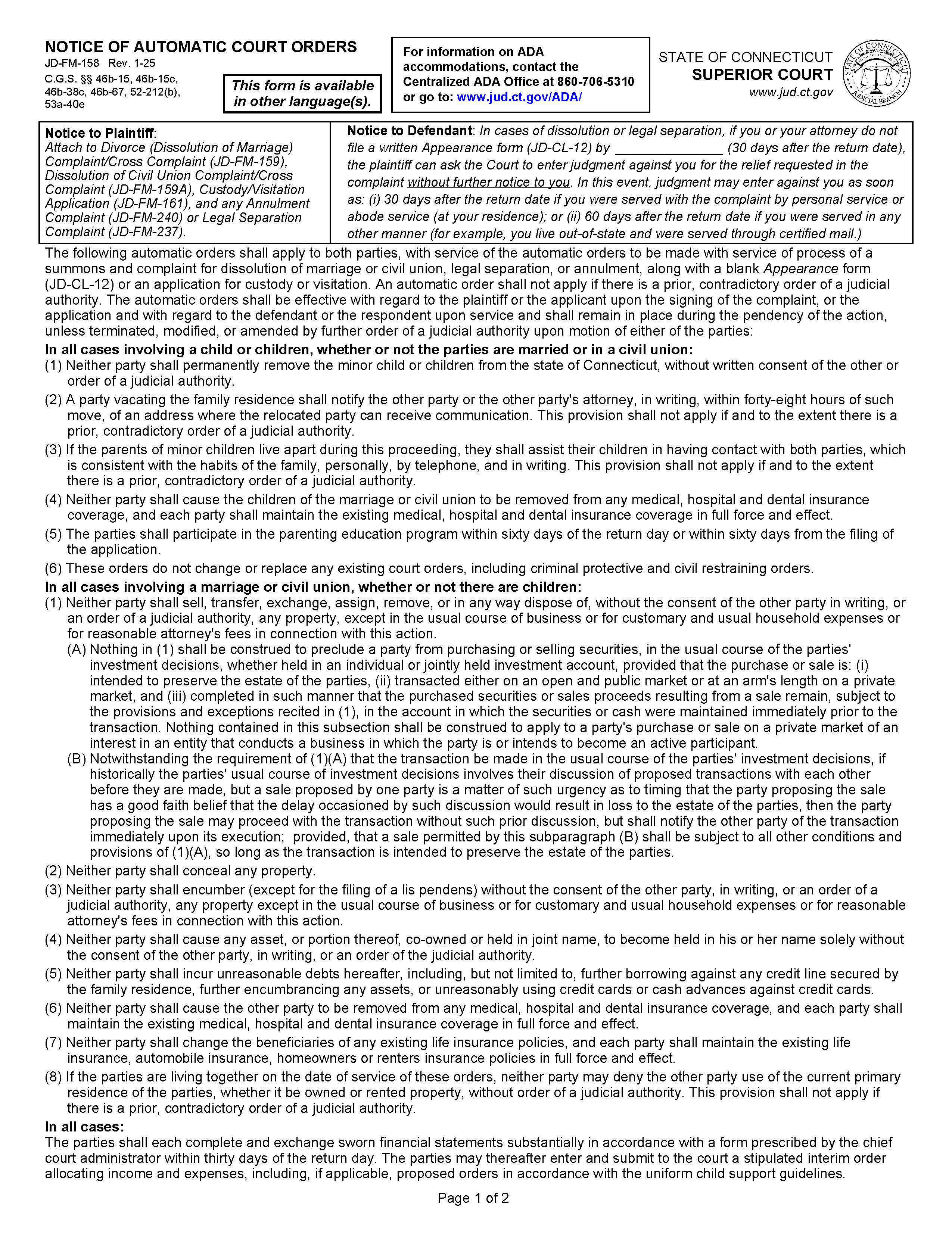 Notice Of Automatic Court Orders {JD-FM-158} | Pdf Fpdf Docx | Connecticut