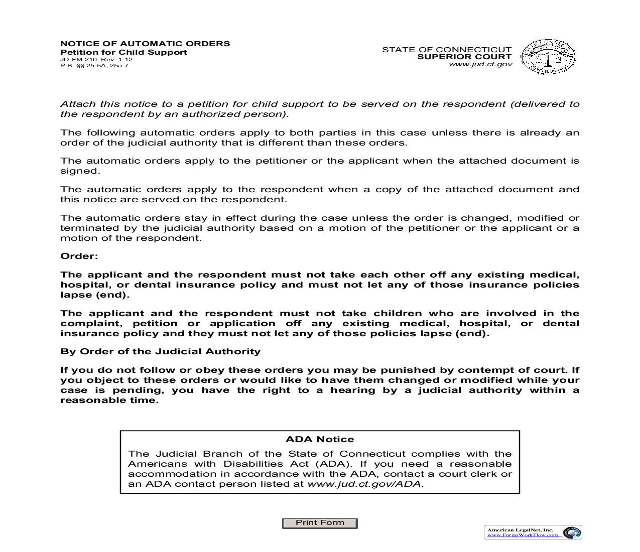 Notice Of Automatic Orders {JD-FM-210} | Pdf Fpdf Doc Docx | Connecticut